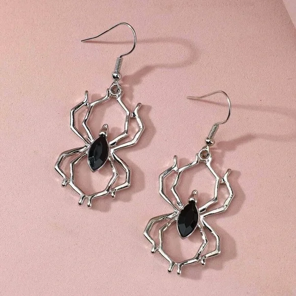 Any 2/$20! Silver & Black Gem Spider Drop Earrings - Picture 3 of 8